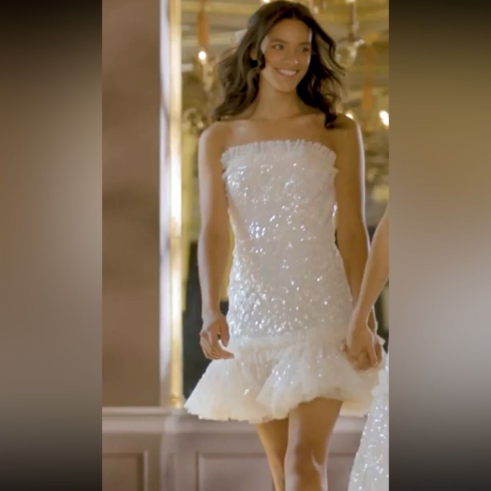 NWT Needle & Thread Regal Rose Gloss Strapless Micro Mini Dress Champagne Size14